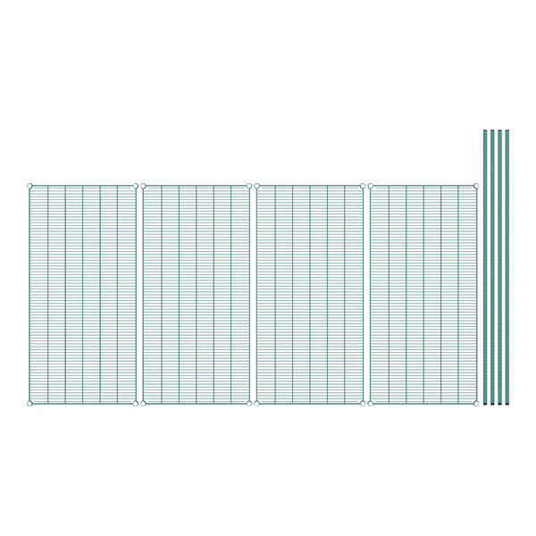 A grid of green shelves with poles.