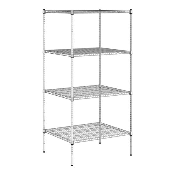 A white wireframe of a Regency metal shelving unit with four shelves.