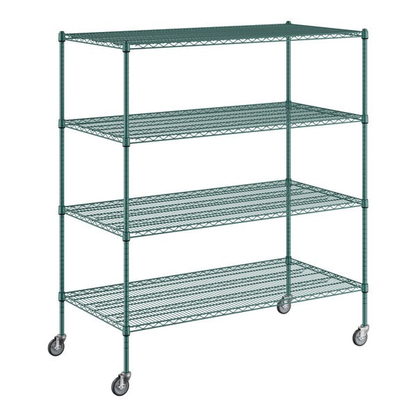 A green Regency wire shelving kit on wheels.