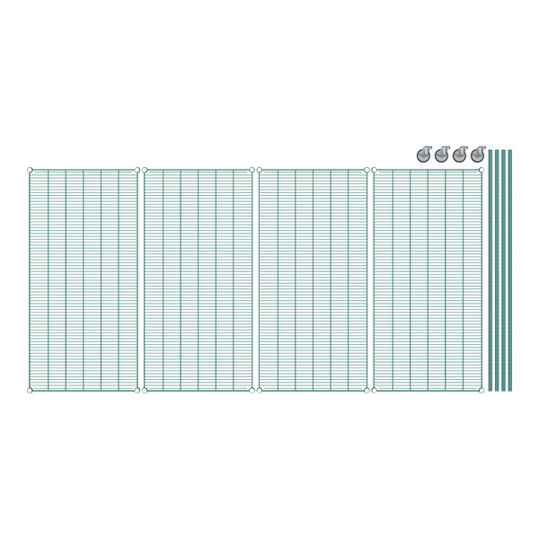 A grid of four green metal shelves.