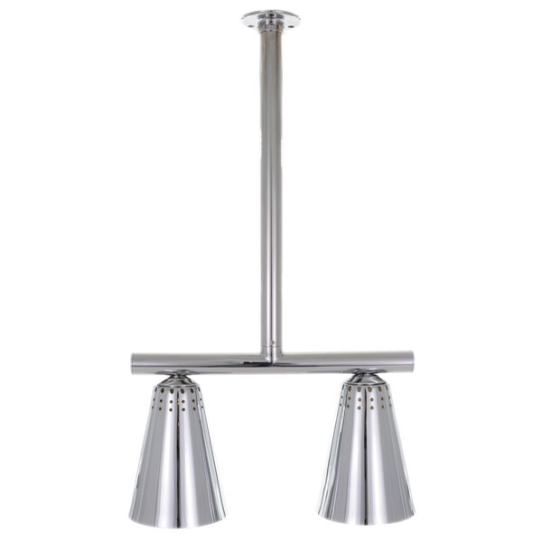 A silver ceiling mount with two Hanson Heat Lamps.