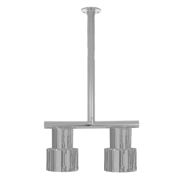 A stainless steel Hanson Heat Lamps ceiling mount with two rigid heat lamps.