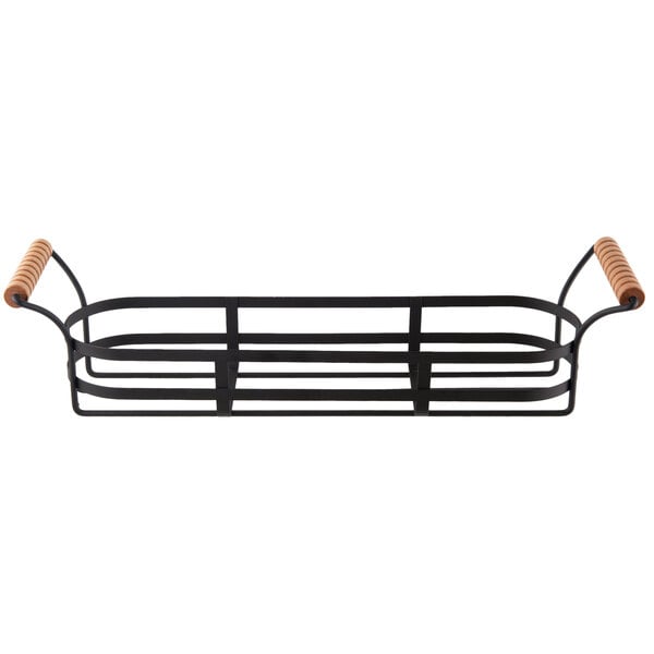 A black metal Tablecraft condiment caddy with wooden handles.