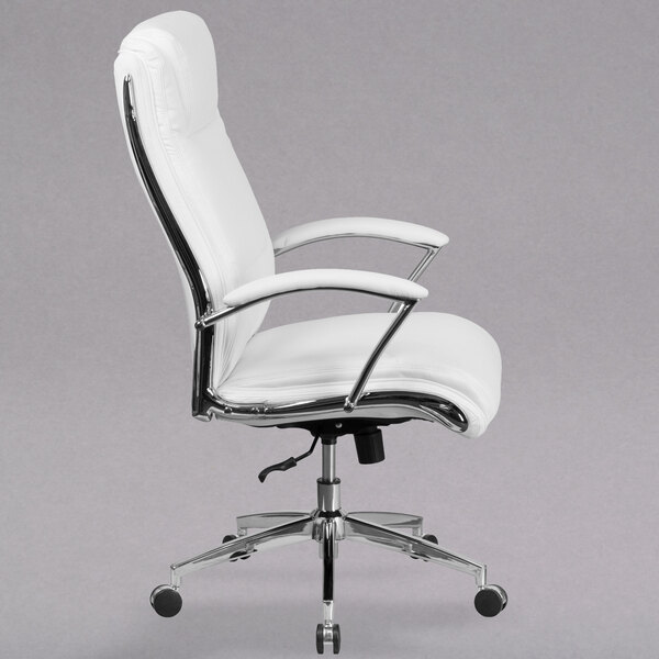 A Flash Furniture white leather office chair with chrome legs and arms.