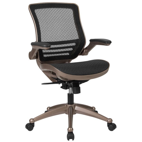 A black office chair with a metal base and gold accents.