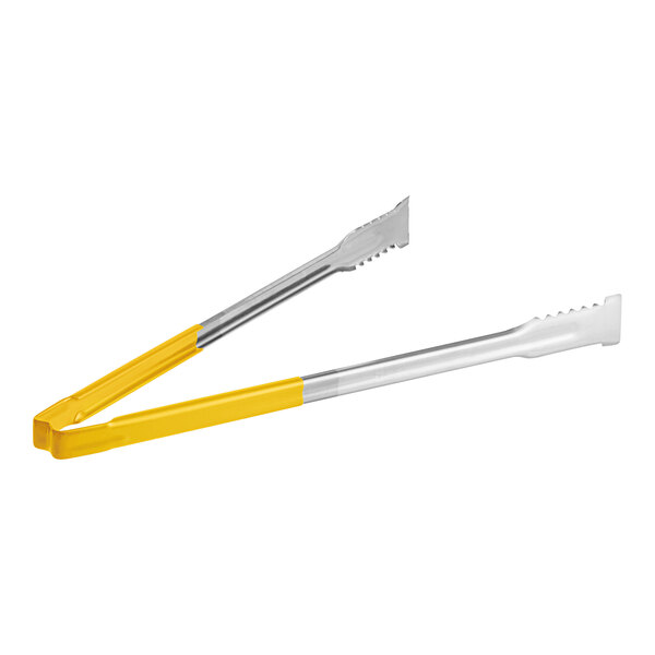 A pair of Vollrath Jacob's Pride tongs with yellow Kool-Touch® handles.