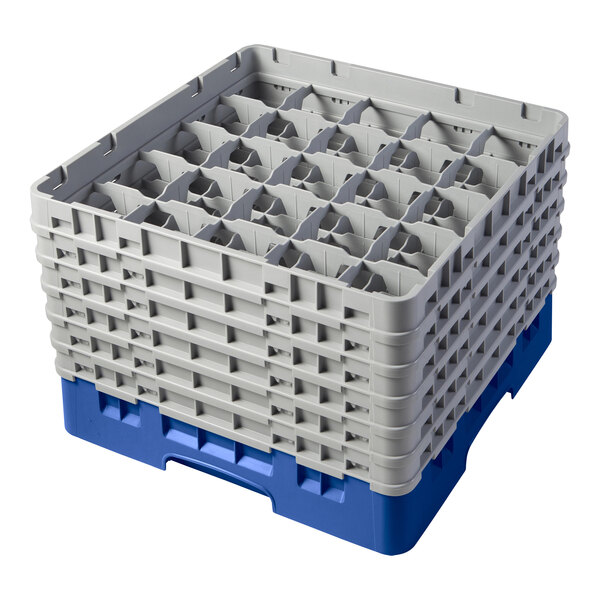 A stack of blue Cambro glass racks with extenders on a white background.