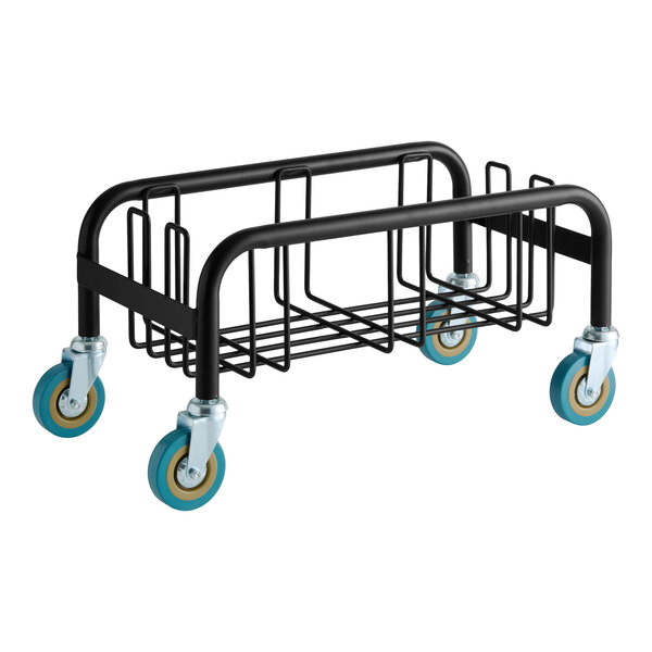 A black metal slim trash can dolly with four blue and beige caster wheels.
