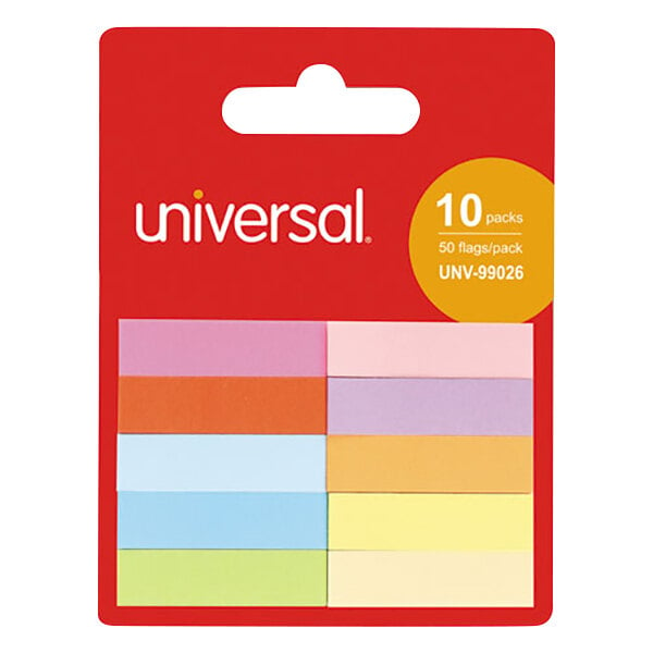 A pack of Universal multicolored sticky page tabs.