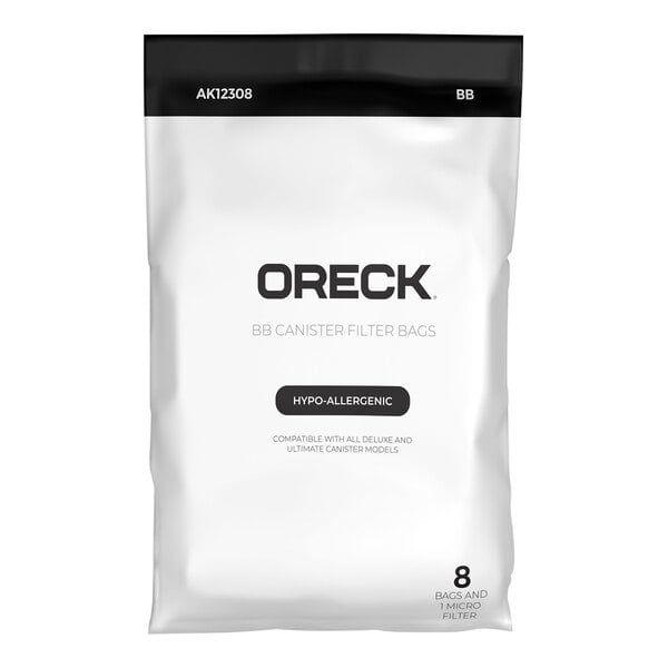 An Oreck vacuum bag with black text on a white background.