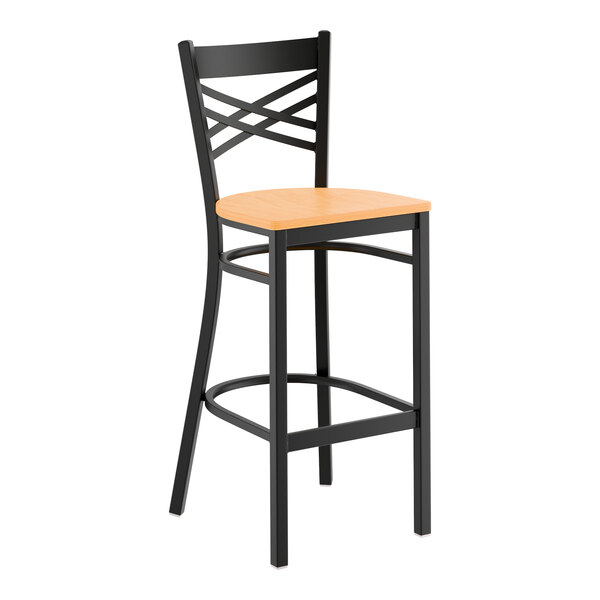 A black metal bar stool with a cross back design and a natural wood seat.