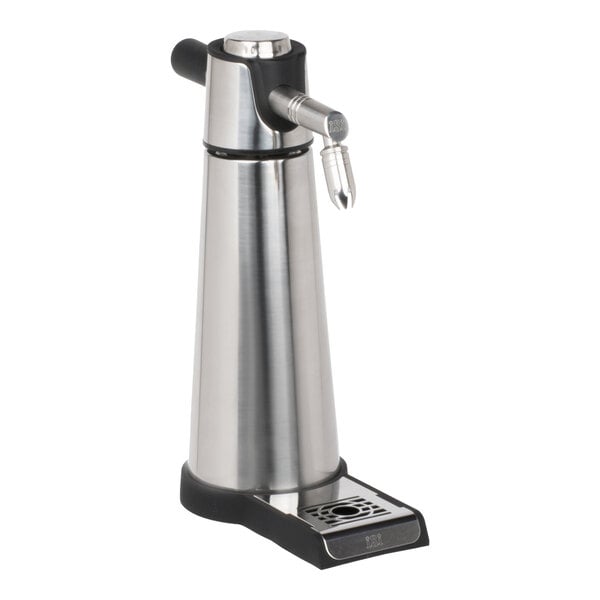 A stainless steel device with a conical body, a spout, and a drip tray at the base.