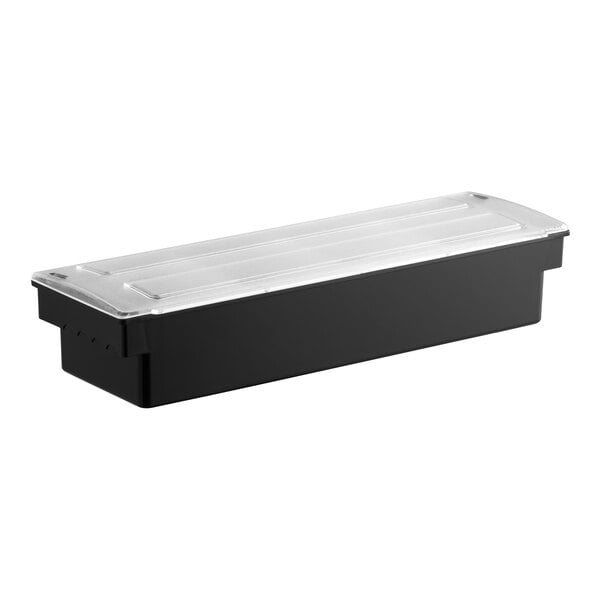 A rectangular black condiment bar with a clear lid and four compartments.
