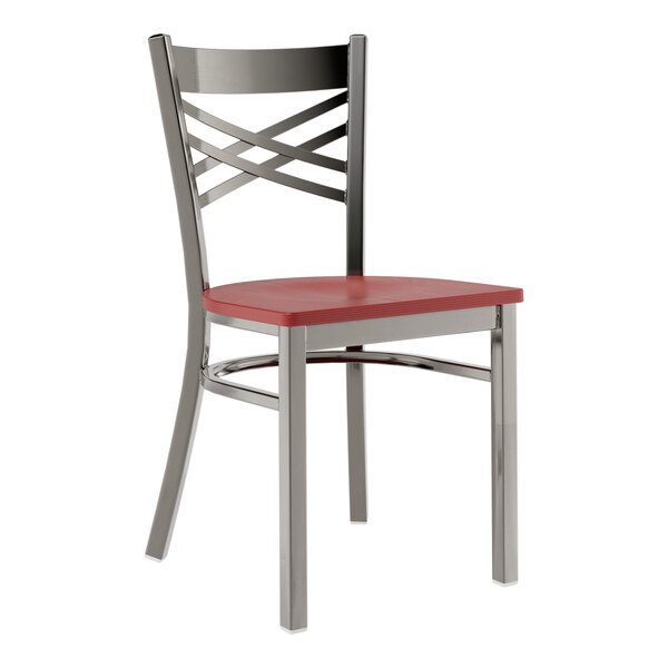 A Lancaster Table & Seating clear coat finish cross back chair with a mahogany wood seat.
