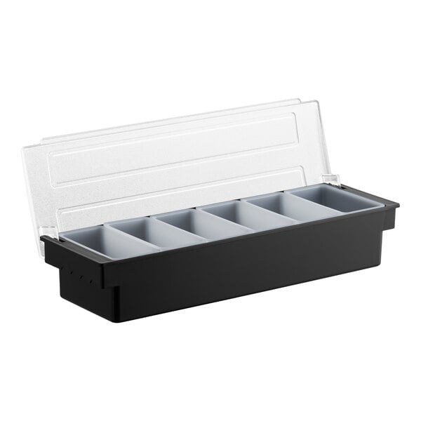 A black condiment bar with six compartments and a clear hinged lid.