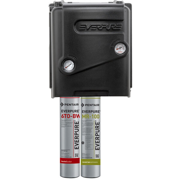 An Everpure reverse osmosis system with two black cylinders and a white and black label.