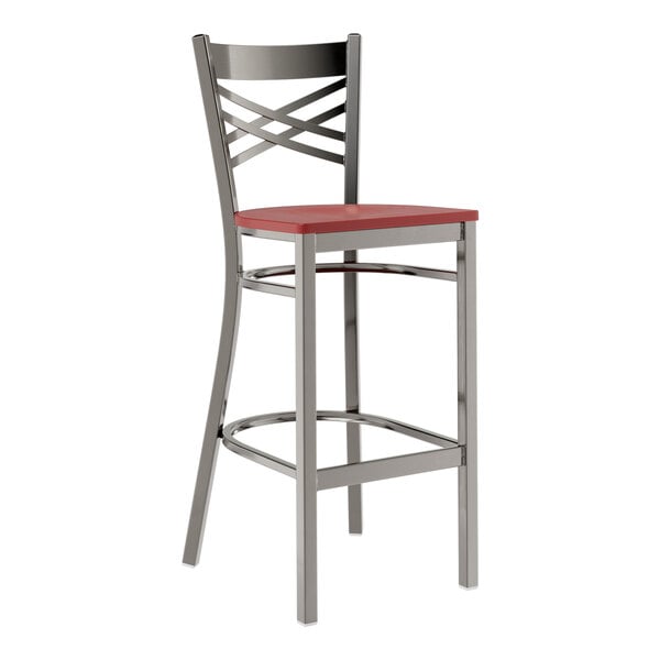 Lancaster Table & Seating Clear Coat Finish Cross Back Bar Stool with Mahogany Wood Seat - Detached Seat