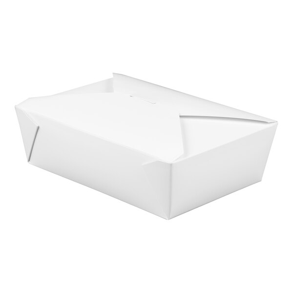 A white Fold-Pak Bio-Pak paper take-out box with a lid.