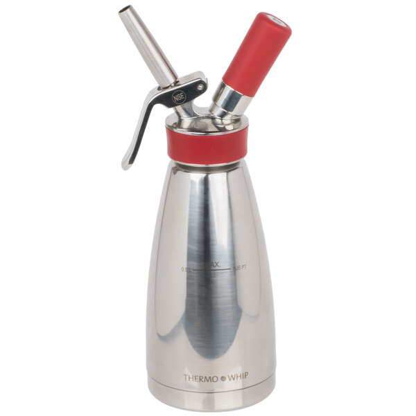 A stainless steel cream decorator tip with a red plastic cap.