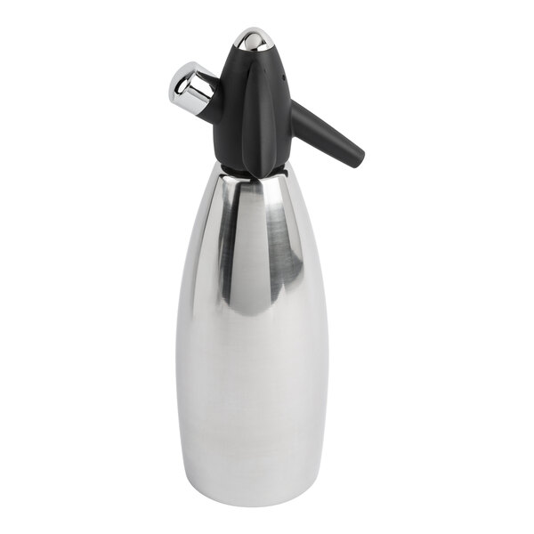 A metallic canister with a black plastic top and spout, resembling a soda siphon or whipped cream dispenser.
