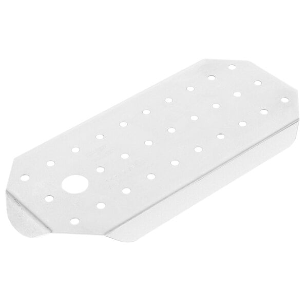 A stainless steel rectangular false bottom with holes.
