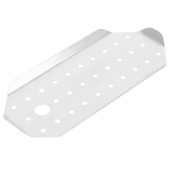 A stainless steel metal tray with holes.