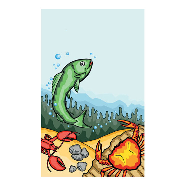 A colorful illustration of an underwater scene featuring a green fish, a red lobster, a crab, and some clams on the ocean floor with seaweed and bubbles.