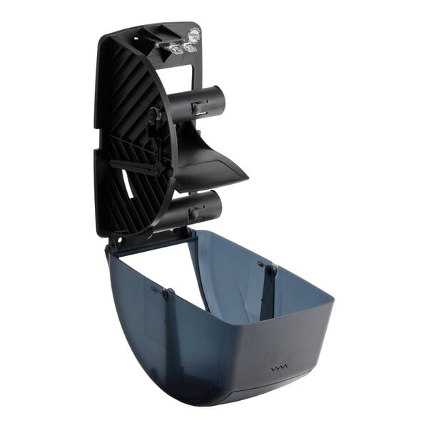 A black pearl-colored San Jamar Duett Oceans toilet tissue dispenser with a translucent cover and dual roll capacity.