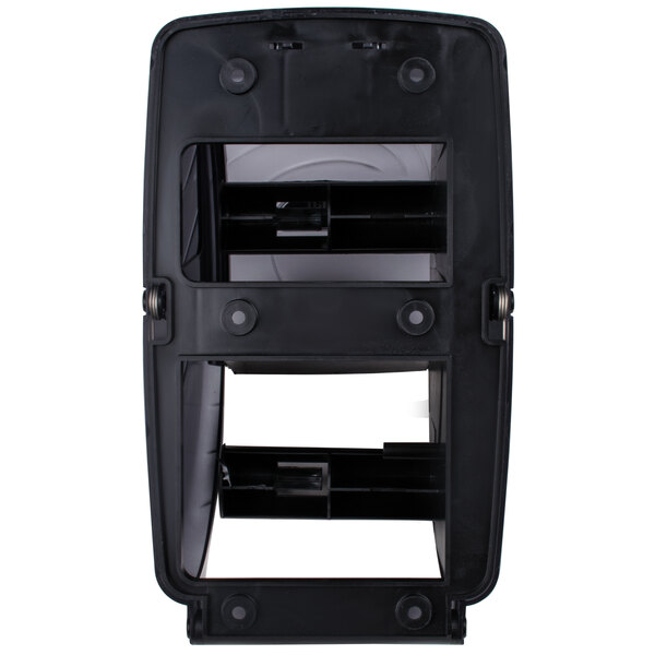 A black plastic San Jamar Duett toilet tissue dispenser with two compartments.