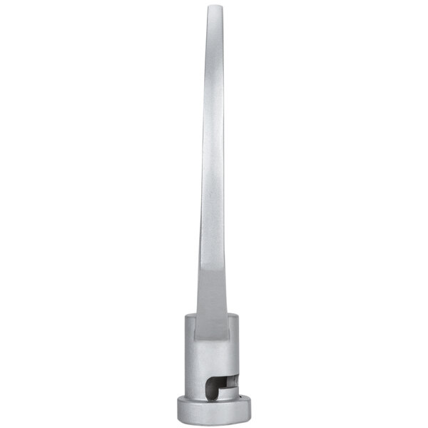 A white metal flat beater with a black handle.