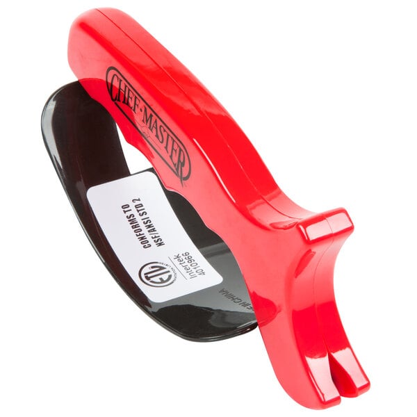 A red and black Chef Master carbide knife sharpener.