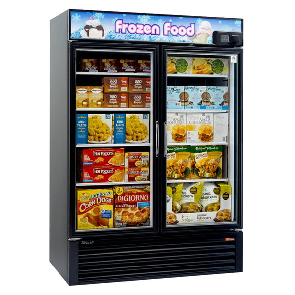 A Turbo Air black glass door merchandising freezer filled with boxes of frozen food.