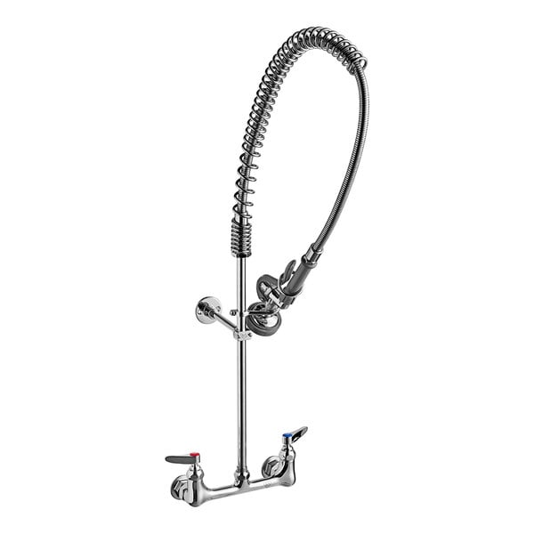 A chrome T&S pre-rinse faucet with a hose.