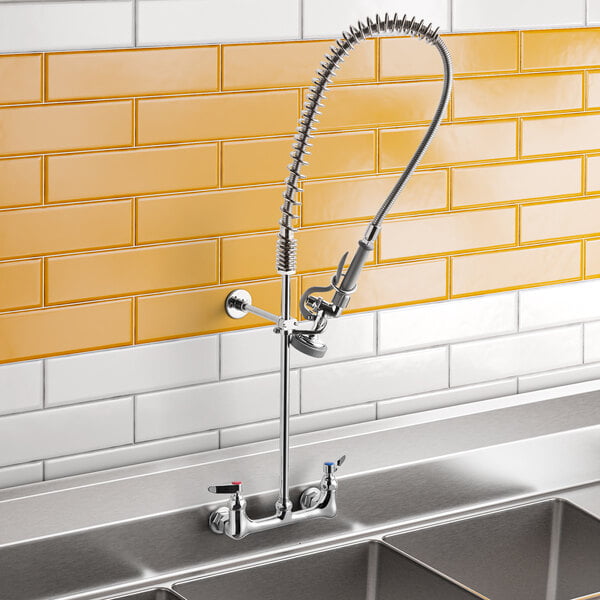 A T&S wall-mounted pre-rinse faucet above a sink.