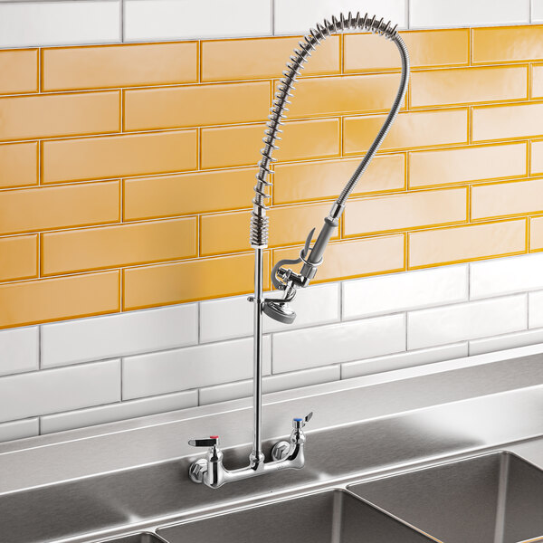 T&S B-0133 EasyInstall Wall Mounted 34 1/2" High Pre-Rinse Faucet with Adjustable 8" Centers, 1.15 GPM Spray Valve, and 44" Hose