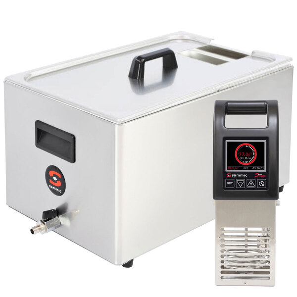 A Sammic SmartVide sous vide machine on a counter with a digital display.