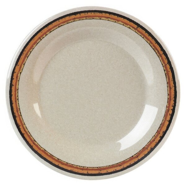 A white plate with a brown border.