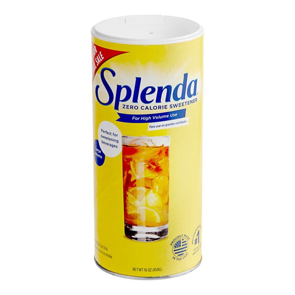 A yellow canister of Splenda with a drink on the label.