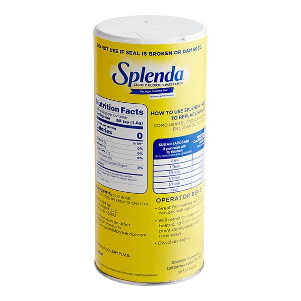A yellow Splenda canister with blue and white labels.