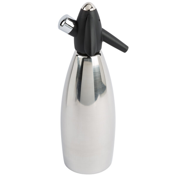 A stainless steel iSi soda siphon head with a black handle.