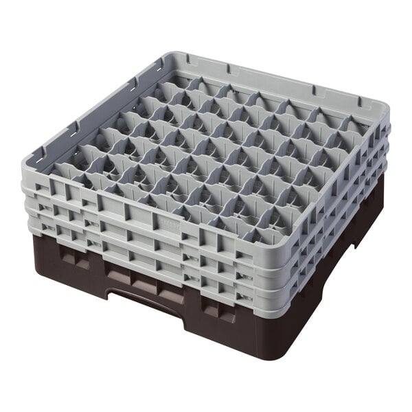 A brown and gray Cambro glass rack with 49 compartments for holding glasses.