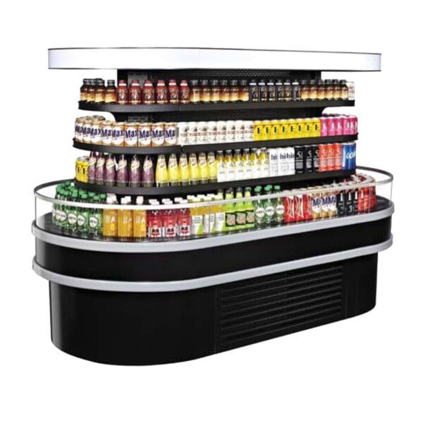 A Turbo Air black air curtain oval island display case on a counter with drinks and snacks.