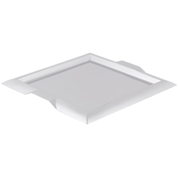 A stainless steel square serving tray with handles.