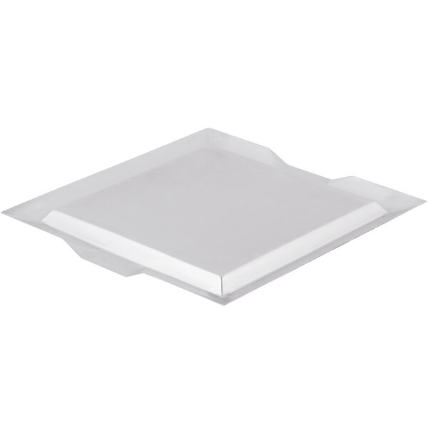 A square stainless steel Vollrath serving tray with handles.