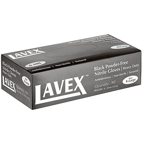 A black box of Lavex Pro Nitrile Black gloves with white text.