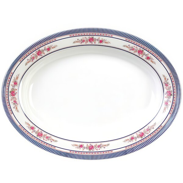 A white oval Thunder Group melamine platter with pink and blue roses.