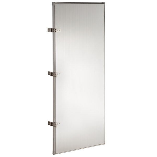 A stainless steel urinal partition with metal hinges.