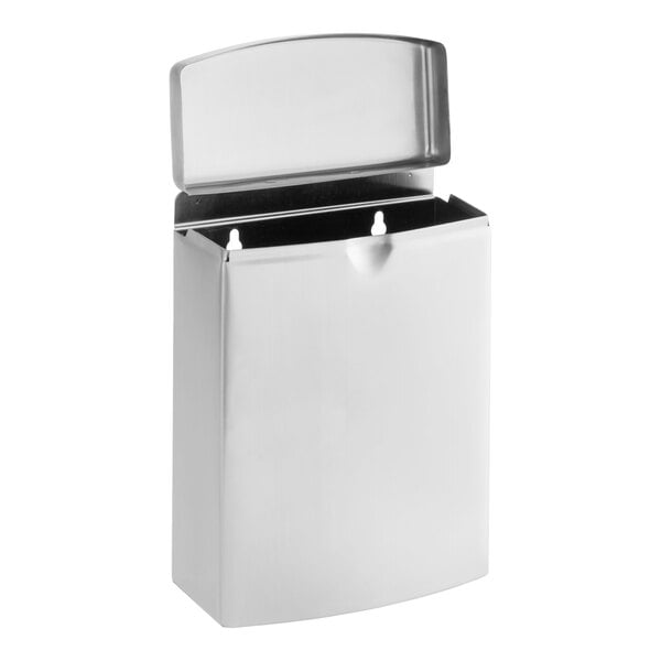 A stainless steel wall-mounted sanitary napkin receptacle with an open lid.