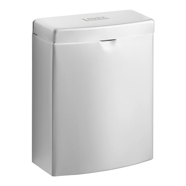 A stainless steel wall-mounted sanitary napkin receptacle.