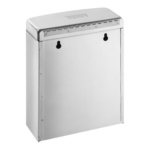 A stainless steel wall-mounted sanitary napkin receptacle.